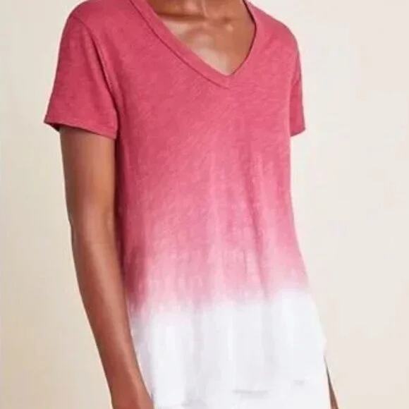Anthropologie Left of Center EUC Women's Hombre V-Neck Pink White Tee Size XSP - Picture 1 of 6